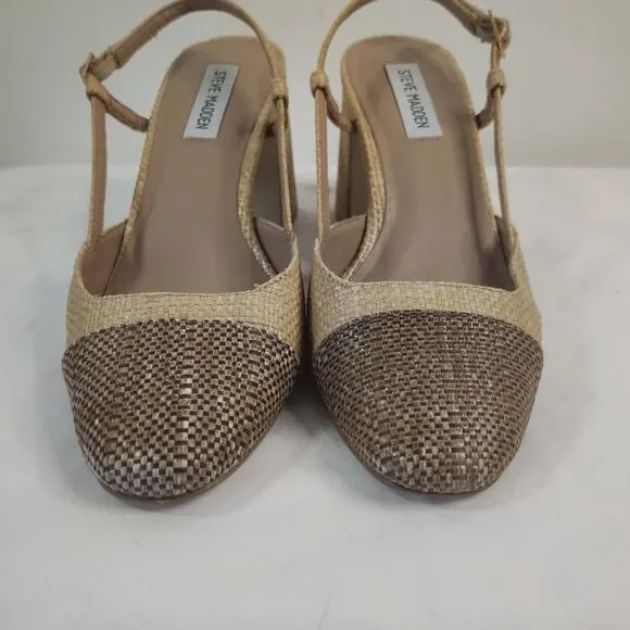 Steve Madden Becka Raffia Slingback Block Heel Pumps Tan Brown Woven Size 8.5M - Picture 3 of 8